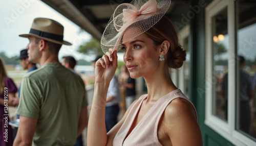Elegant woman adjusting hat at outdoor event setting, Fancy hats at races,  Grand National horse race   