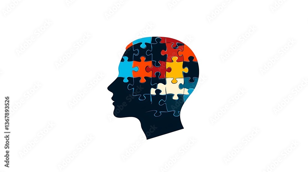 A human head silhouette comprised of various colored jigsaw puzzle pieces, symbolizing a complex mind A human head silhouette comprised of various colored jigsaw puzzle pieces, symbolizing a complex mind