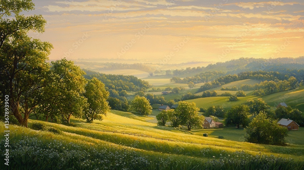 Fototapeta premium A beautiful sunny countryside view with rolling hills and greenery
