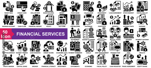 "Financial Services" icon collection set. Money Bag, Credit Card, Dollar Sign, Bank Building, Money  icon. Simple Glyph vector.