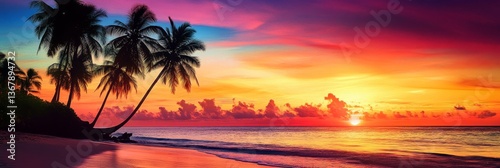 Tropical beach sunrise vibrant colors reflecting water