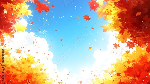 Beautiful autumn landscape with falling leaves and a bright blue sky