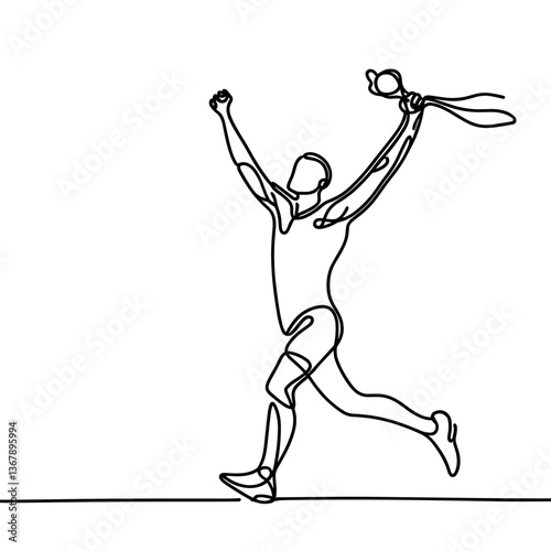 Victory celebration by a runner with a trophy in line drawing  