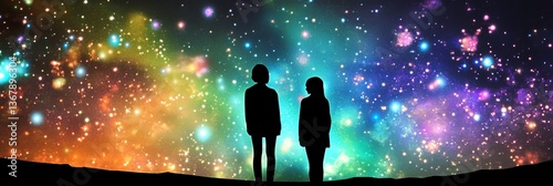 Silhouettes admire vibrant cosmic display of stars.