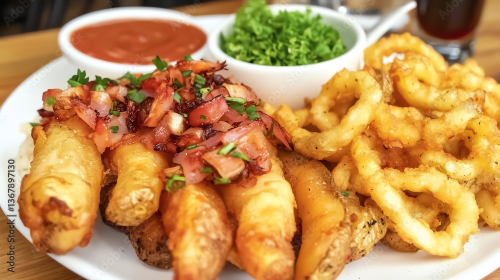 loaded french fries with side of curly fries, painterly brush texture, placed on a white ceramic plate, bold and flavorful mood loaded french fries with side of curly fries, painterly brush texture, placed on a white ceramic plate, bold and flavorful mood