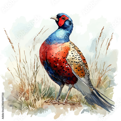 A watercolor of a pheasant, isolated on a white background. Pheasant vector.

