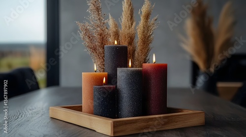 Handmade Candles Arranged on Wooden Tray in Natural Daylight