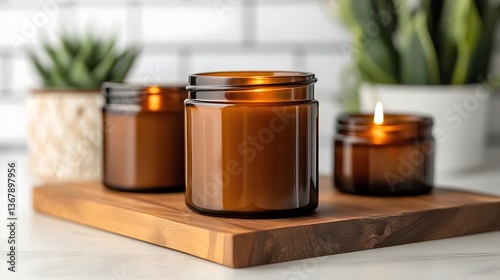 Handcrafted Candle Arrangement on Wooden Tray Capturing Natural Lighting and Cozy Ambiance