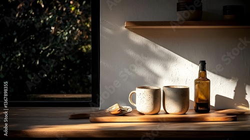 A Cozy Arrangement of Handcrafted Ceramic Mugs on a Kitchen Counter Capturing the Beauty of Natural