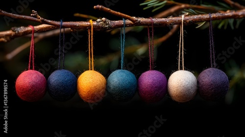 Handcrafted Felt Ornaments Hanging in Soft Daylight Casting Colorful Shadows