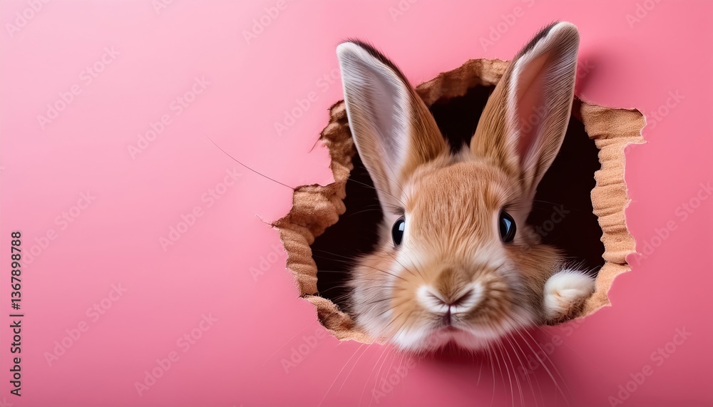 Obraz premium Curious rabbit peeking through torn pink paper