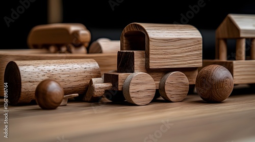 Handcrafted Wooden Toys Arranged on Warm Wooden Surface with Natural Lighting