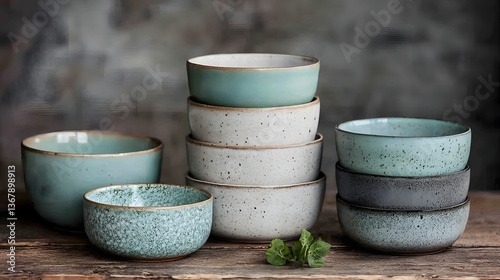 Handmade Ceramic Bowls on Wooden Dining Table in Soft Natural Light