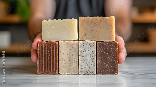 Handcrafted Soaps on Marble Countertop with Natural Textures and Fresh Aesthetic
