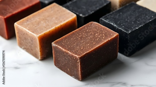 Handmade Artisanal Soaps Displayed on Marble Countertop in Natural Daylight