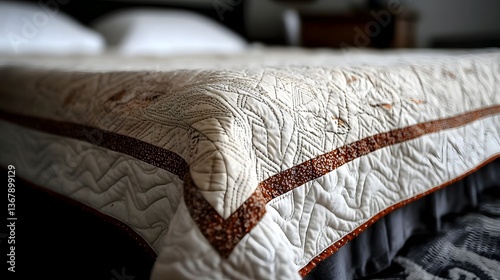 Close-up of Intricate Hand-Stitched Quilt Spread Across Bed with Cozy Nostalgic Vibe