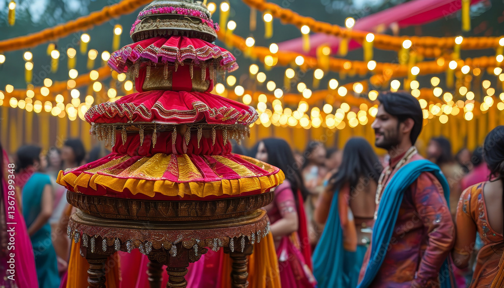 Obraz premium Navaratri product display background podium, Dandiya Utsav, red and gold fabric, lively Garba and Dandiya celebration, colorful chaniya cholis, kediyu jackets, energy, joy, podium platform