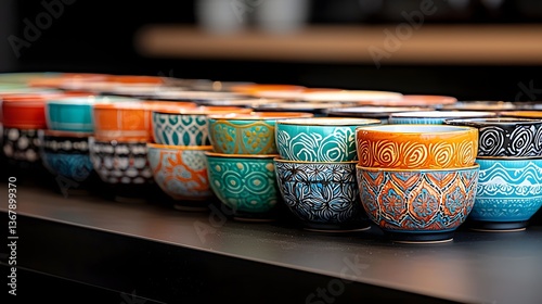 Stacked Hand-Painted Ceramic Plates on Kitchen Counter with Natural Lighting