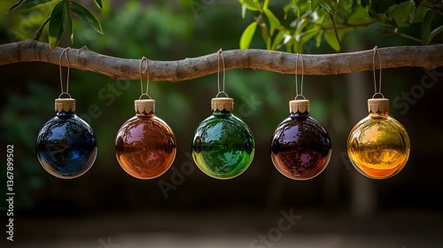 Handmade Glass Ornaments Hanging from a Tree Branch in Soft Daylight
