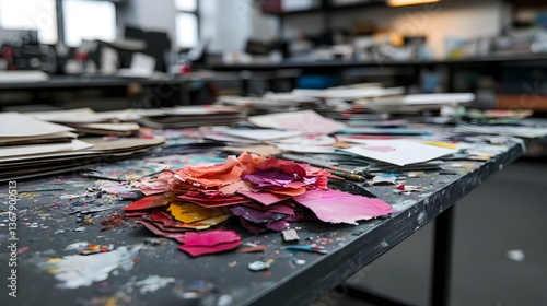 Overhead Perspective of Creative Mixed Media Collage Artwork in Progress