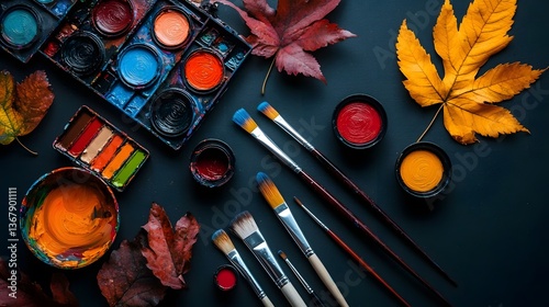 Vibrant Painter's Palette with Brushes and Canvas in Overhead Daylight Composition