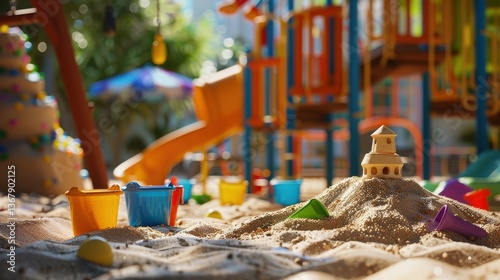A playground scene shows sandcastle building in a sand pit