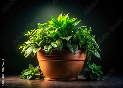 Night Photography: Potted Plants on Black Background - Isolated Studio Shot