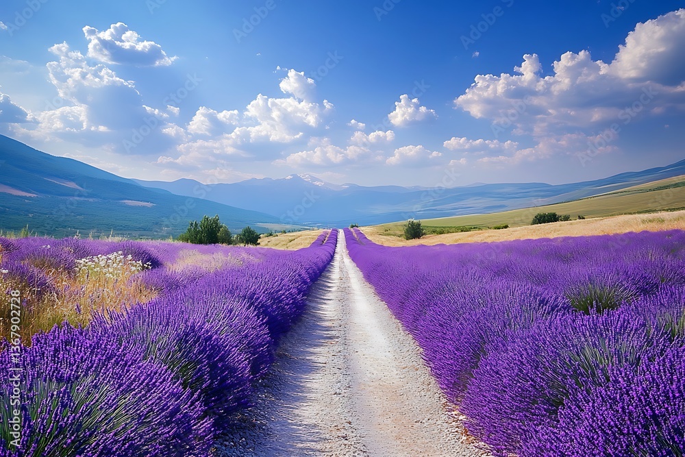 Obraz premium A road lined with blooming lavender fields, with the scent of lavender filling the air under a bright, sunny sky