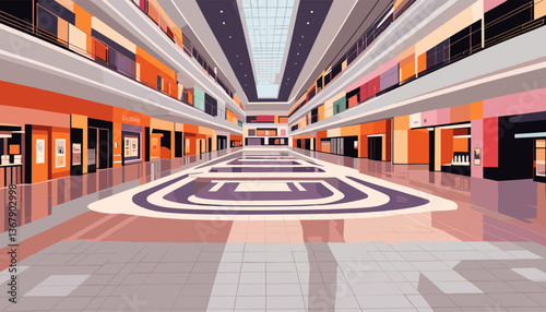 Large modern empty shopping mall interior with a lot of boutiques, stores. Vector colorful illustration