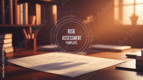 Security risk assessment template concept. Professional workspace featuring a risk assessment template on a desk with warm lighting.