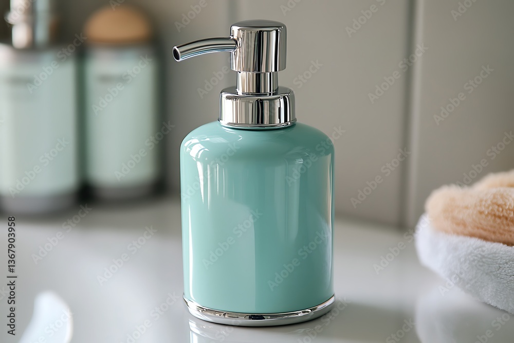 Obraz premium Elegant Aqua Soap Dispenser with Chrome Pump in Modern Bathroom Setting.