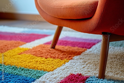 Modern Orange Chair Leg on Colorful Rug - Home Decor Detail. A close-up shot showcasing the leg of an orange armchair resting on a vibrant, multicolored rug.