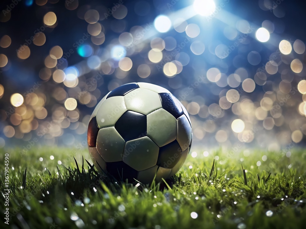Fototapeta premium Night Soccer Ball on Grass - High-Resolution Stock Photo