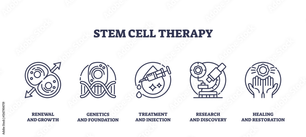 Fototapeta premium Stem cell therapy icons represent renewal, genetics, and treatment. Outline icons set.