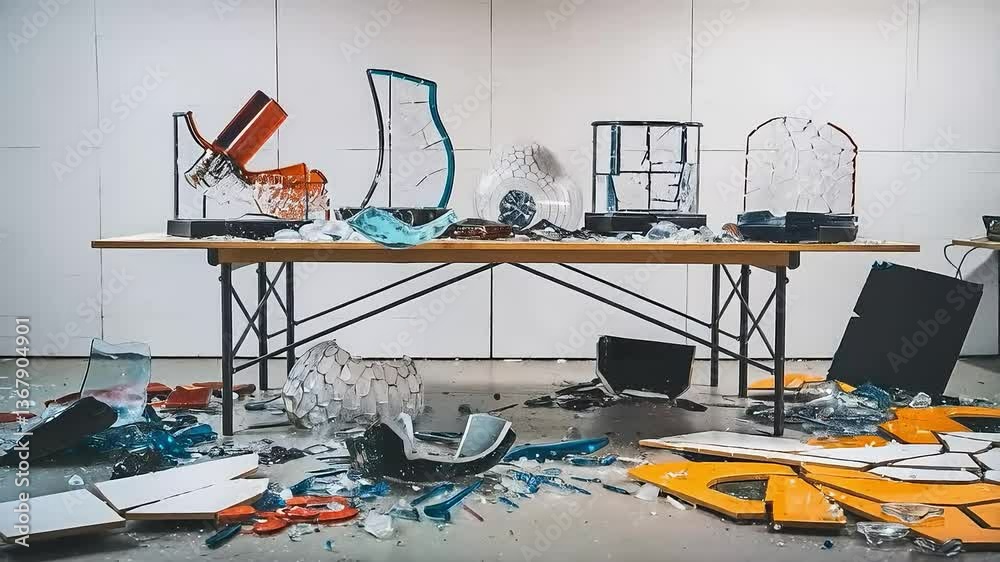 Shattered glass sculptures and fragments litter table and floor in aftermath of destruction or accident Shattered glass sculptures and fragments litter table and floor in aftermath of destruction or accident