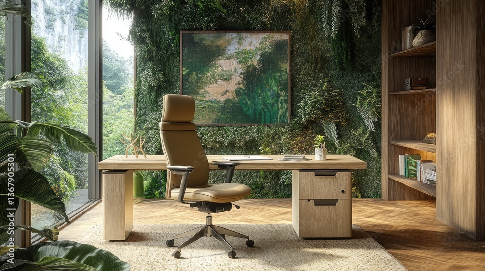 Fototapeta premium A sustainable workspace with a toxin-free plywood desk, a hemp office chair, and a wool area rug.