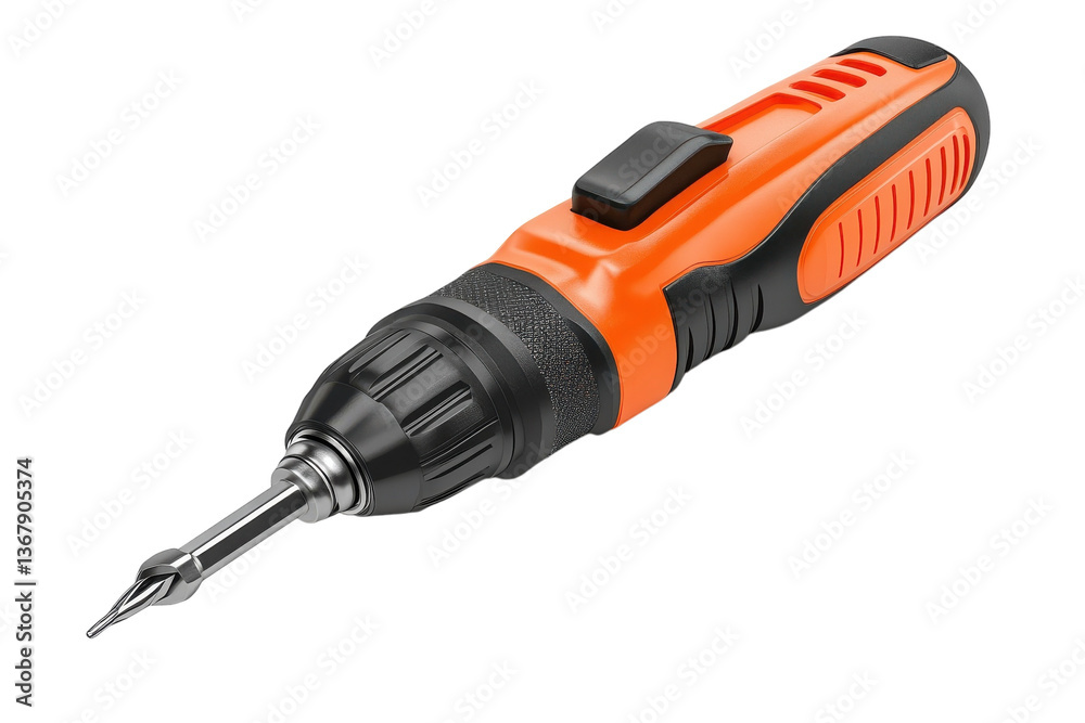 A sleek, powerful handheld electric screwdriver, ready for any DIY project, showcasing vibrant orange and black accents against a clean white background. A sleek, powerful handheld electric screwdriver, ready for any DIY project, showcasing vibrant orange and black accents against a clean white background.