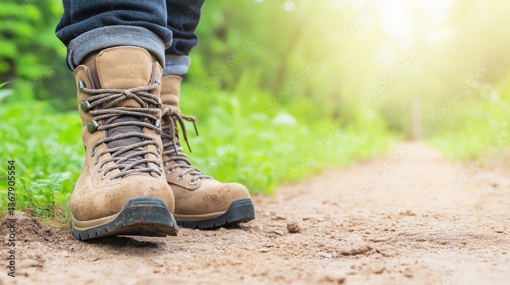 Hiking Boots on a Trail Surrounded by Lush Greenery and Soft Sunlight in a Natural Outdoor Setting Hiking Boots on a Trail Surrounded by Lush Greenery and Soft Sunlight in a Natural Outdoor Setting