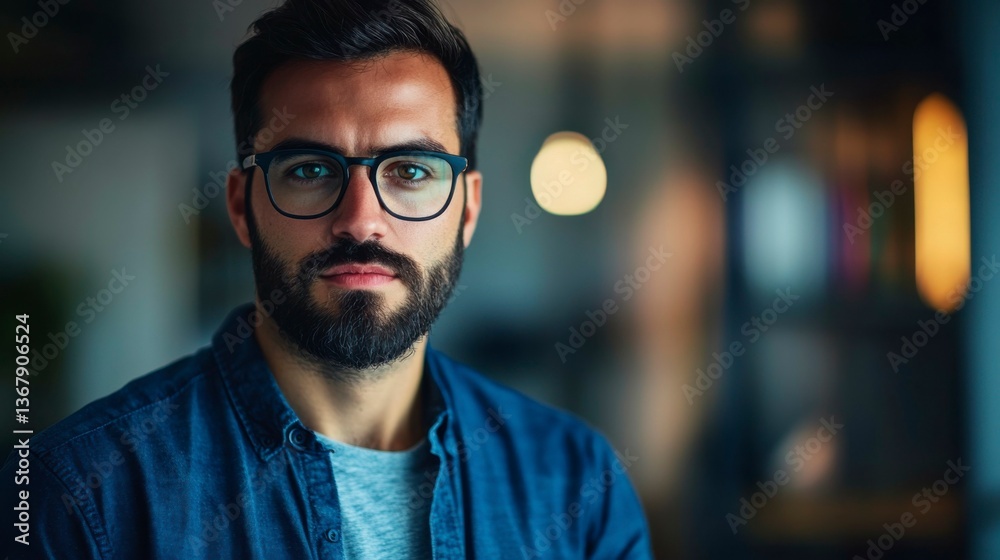 Obraz premium Focused programmer in casual attire, deep in thought, with a dramatic side light. Capturing the essence of concentration and creativity in modern w