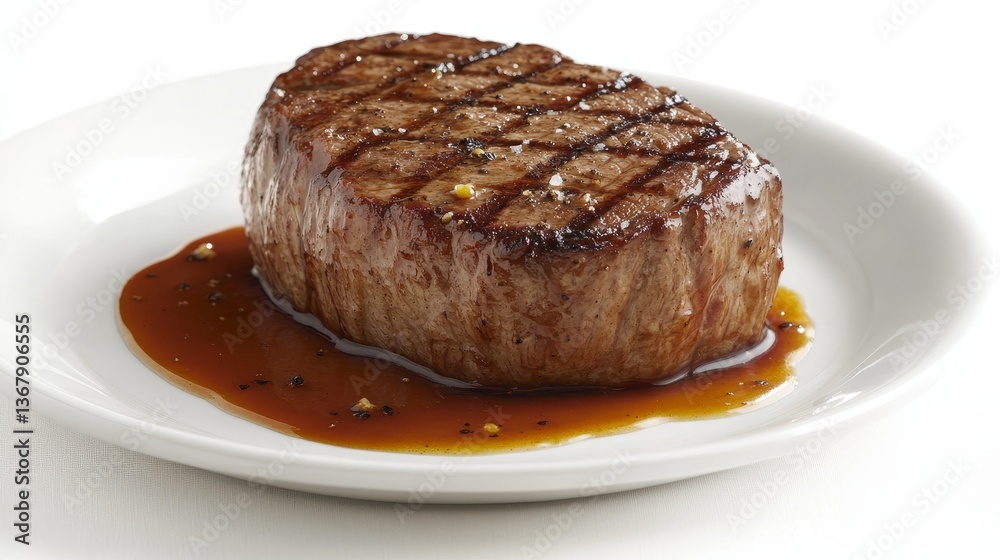 Grilled to perfection, the succulent steak is lavished with a savory sauce Grilled to perfection, the succulent steak is lavished with a savory sauce