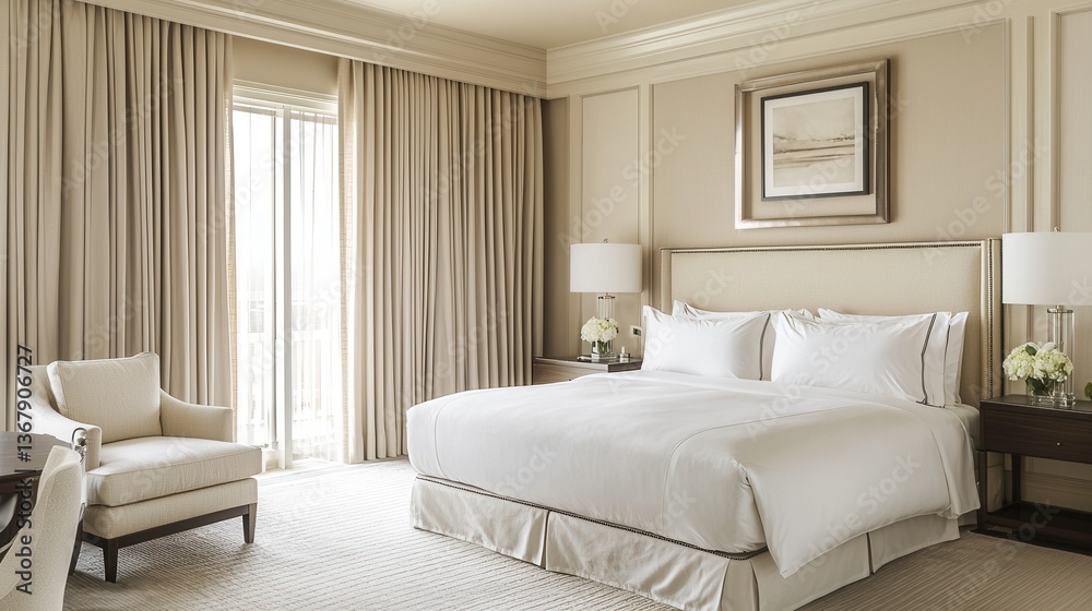 Fototapeta premium A luxurious bedroom with inviting furniture and natural sunlight