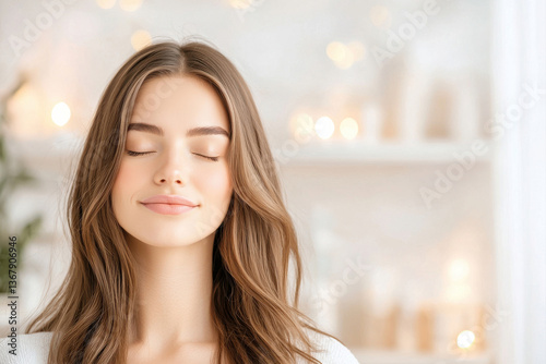 A serene woman enjoying a peaceful moment with eyes closed and a soft smile.