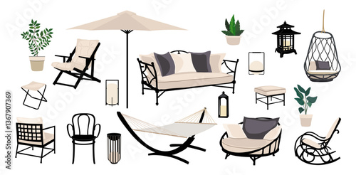 Patio furniture Set. Outdoor, porch zone, garden furniture with potted plants illustrations. Realistic vector cozy garden yard interior elements, lounger, armchairs, tables, sofas, umbrellas, lanterns