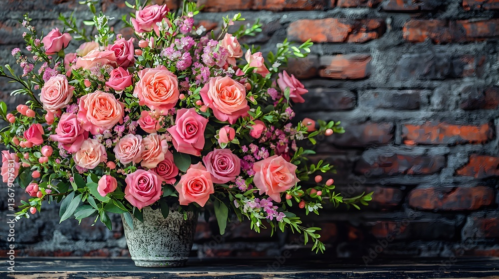 Fototapeta premium Elegant vase filled with colorful spring flowers on a table surface ideal for e-commerce and home decor