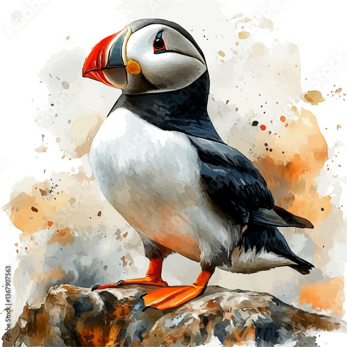 A watercolor of a puffin, isolated on a white background. Puffin vector.

