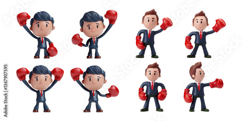 Businessman Character Wearing Boxing Gloves in Various Poses, isolated on transparent background