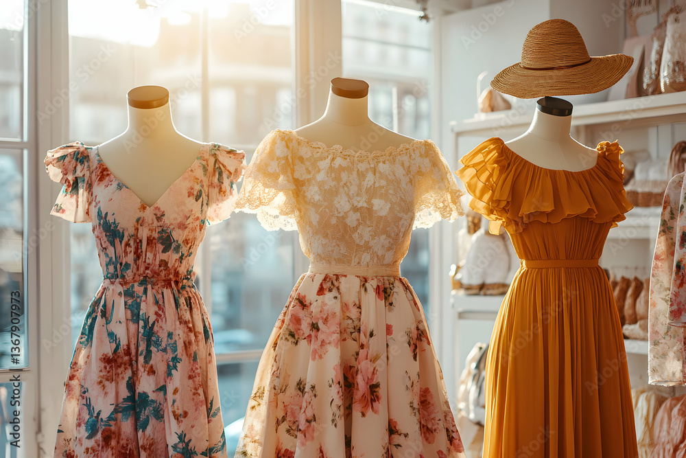 Obraz premium Three Elegant Dresses in Floral Patterns Displayed in a Sunlit Boutique