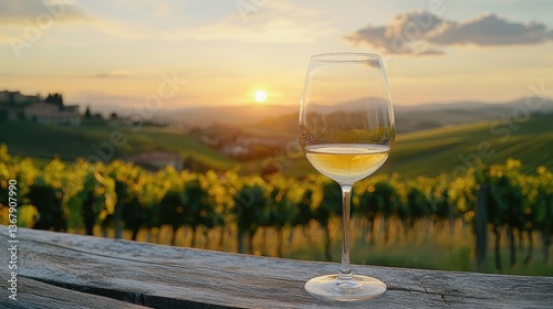 Glass of wine at sunset over vineyards photo