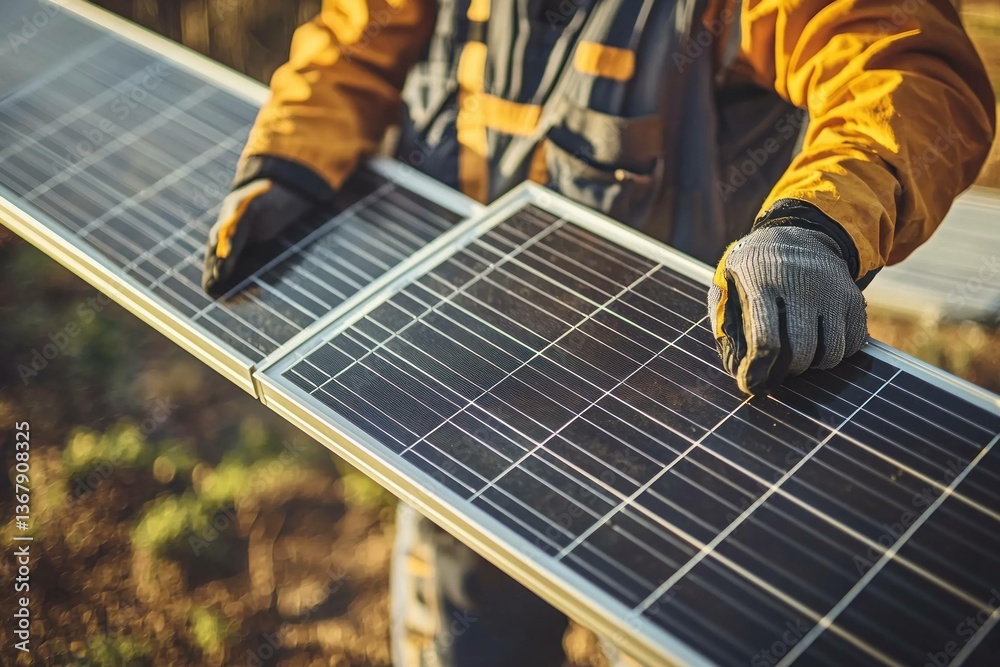 A worker in a yellow jacket installs solar panels, showcasing renewable energy and eco friendly technology in a sunny outdoor setting A worker in a yellow jacket installs solar panels, showcasing renewable energy and eco friendly technology in a sunny outdoor setting