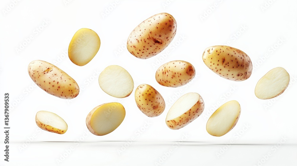 Obraz premium A dynamic and fresh composition of flying potatoes against a clean white background, showcasing the earthy textures and colors, creating a sense of movement and playfulness.